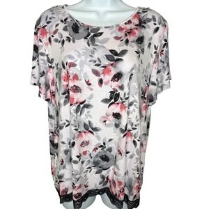 Charter Club Intimates Womens Gray Pink Floral Lace Trim Pajama Top Gray Sz L